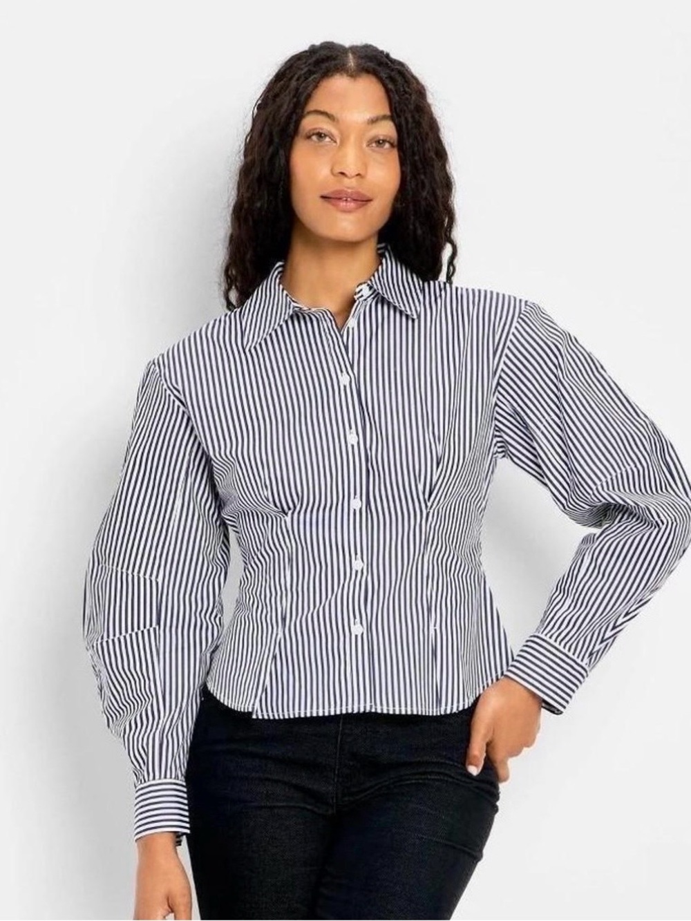 Striped Navy and White Barrel Sleeves Casual Button Down Shirt